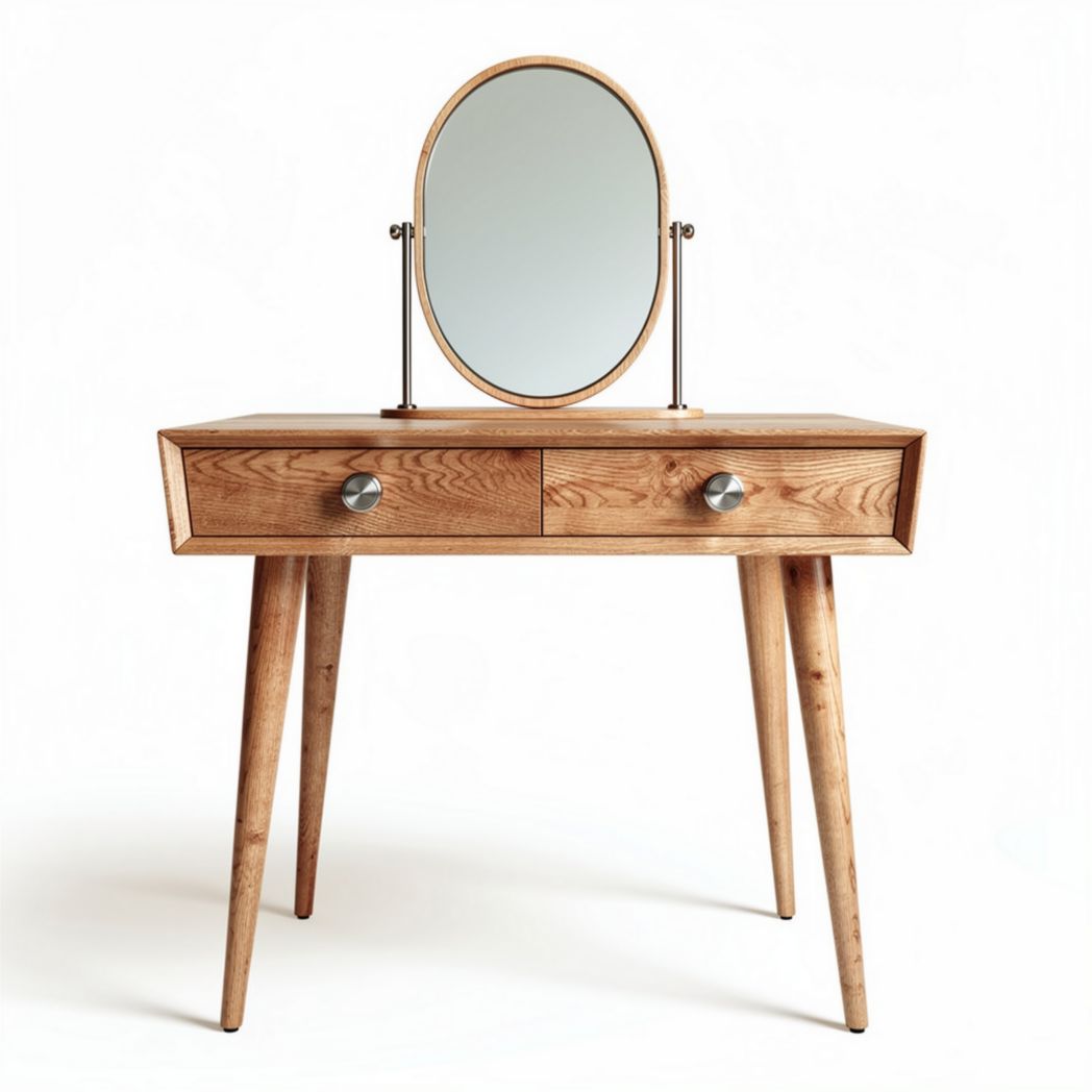 Wooden vanity table with oval mirror and two drawers 100 x 40 x 75cm