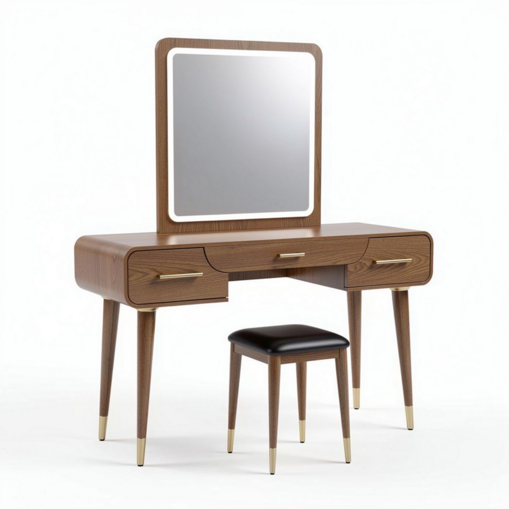 Wooden vanity set with mirror and storage drawers in walnut finish 90 x 40 x 150cm