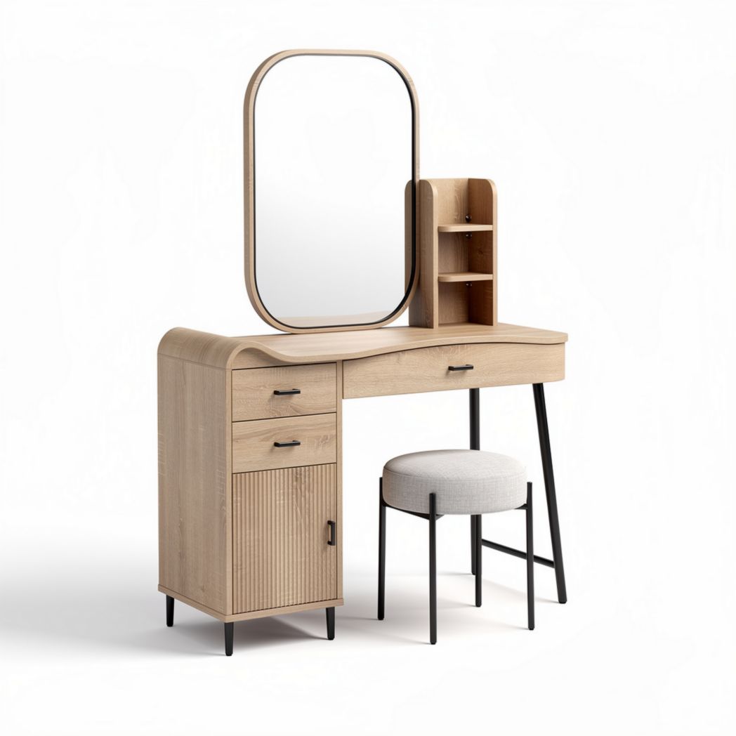 Wooden vanity table with mirror and storage in light oak finish 100 x 50 x 150cm
