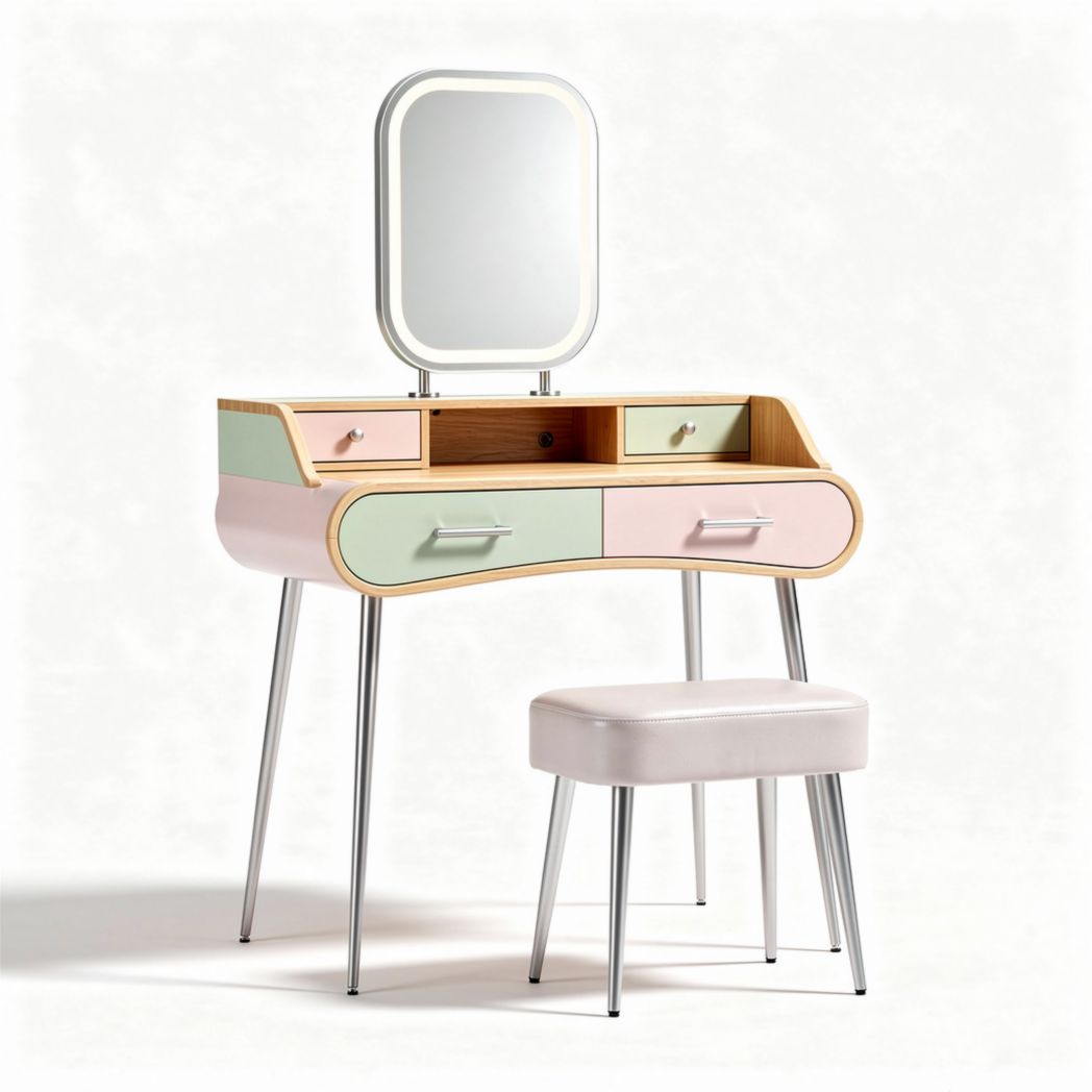 Wood and metal vanity table set with mirror and cushioned stool 100 x 40 x 140cm