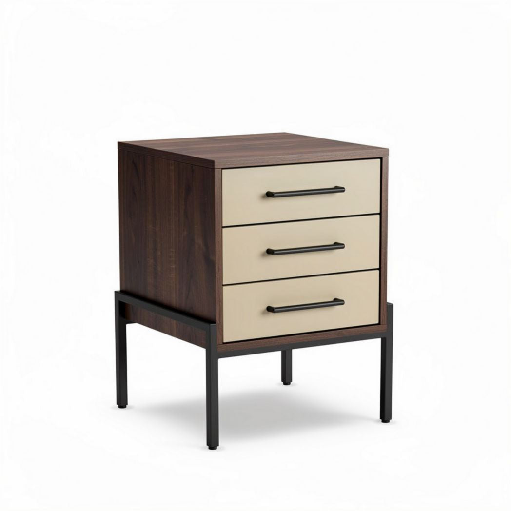 Wooden nightstand with three drawers and metal frame in walnut finish 45 x 40 x 60cm