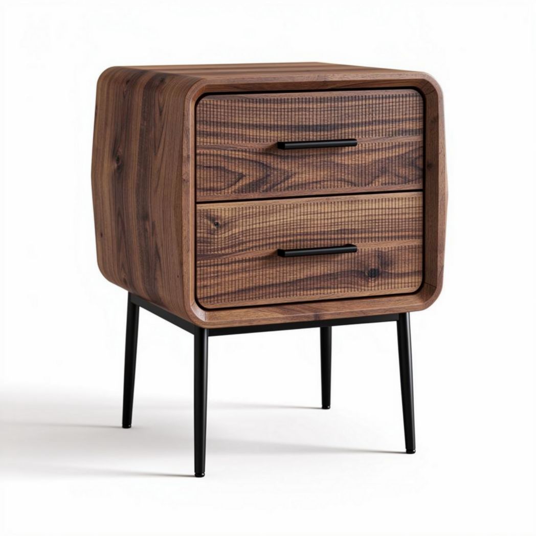 Wooden nightstand with two drawers and metal legs in walnut finish 60 x 40 x 50cm