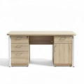 Wooden desk with storage drawers and white metal legs for home office 150 x 75 x 75cm