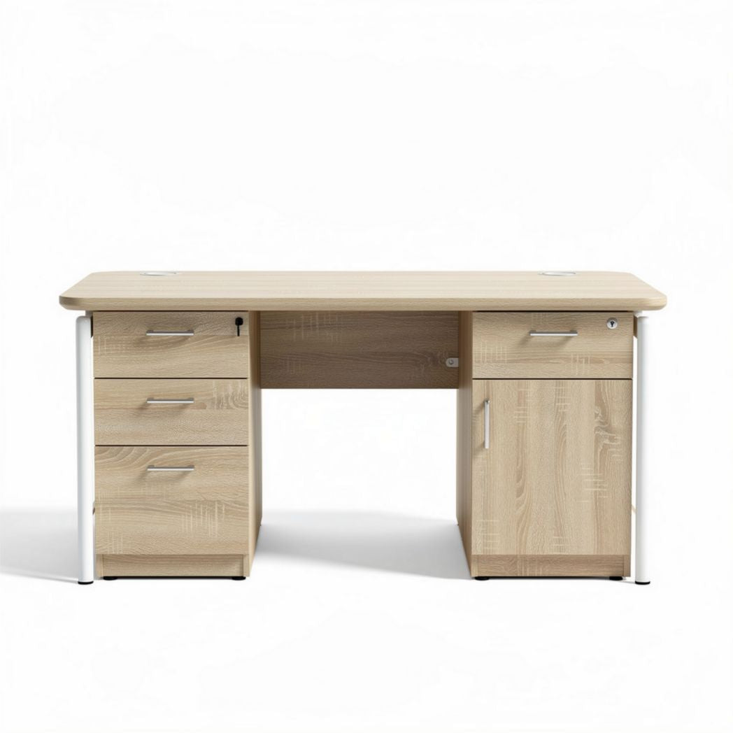 Wooden desk with storage drawers and white metal legs for home office 150 x 75 x 75cm