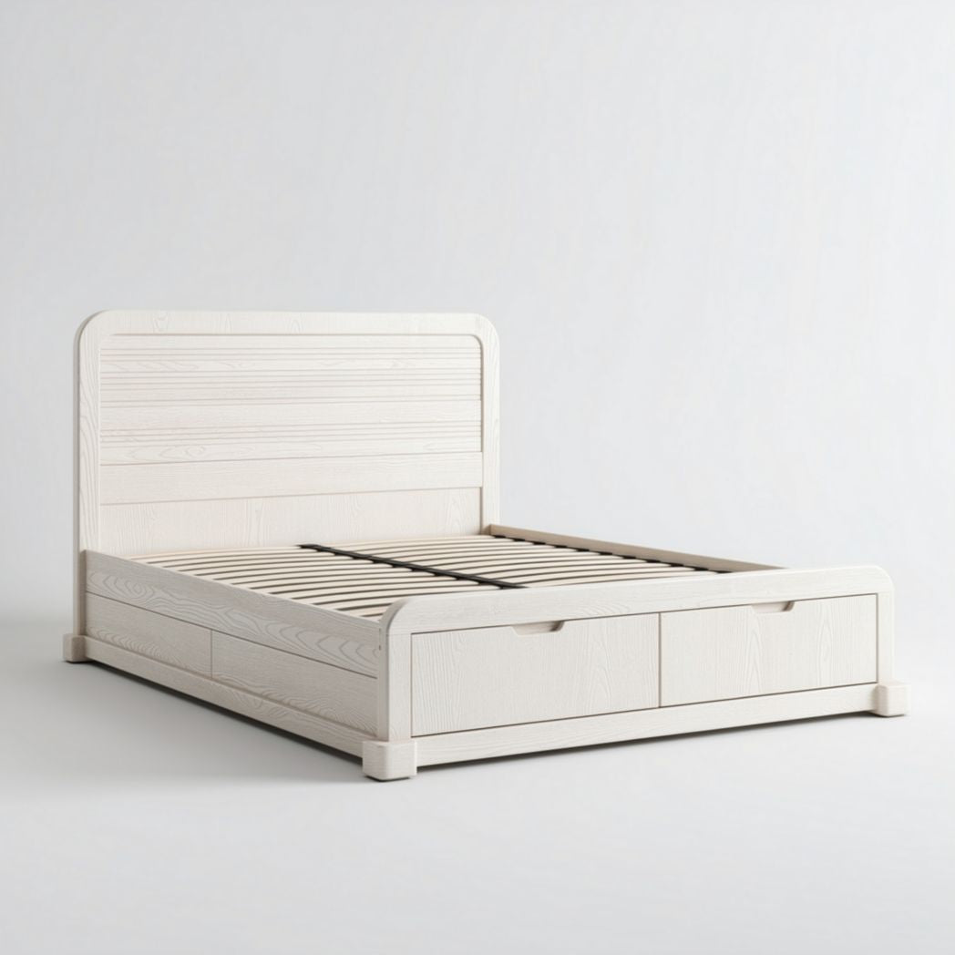 Wooden bed frame with storage drawers in off-white finish 200 x 160 x 120cm