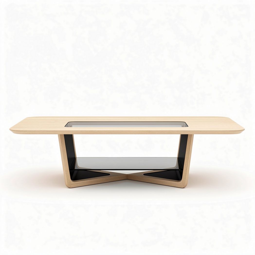 Wooden coffee table with glass top and black metal base 120 x 60 x 40cm