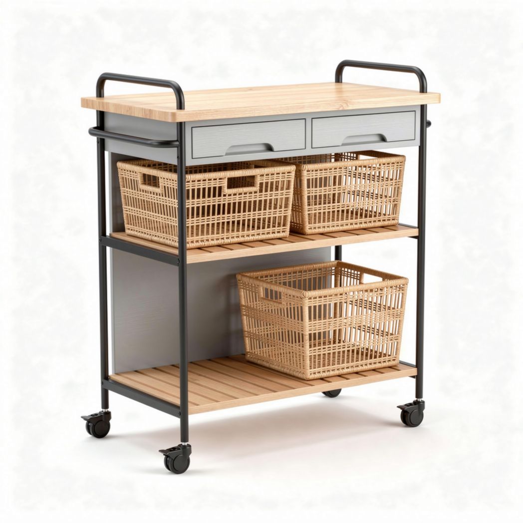Wood top kitchen cart with metal frame and storage baskets 75 x 45 x 80cm