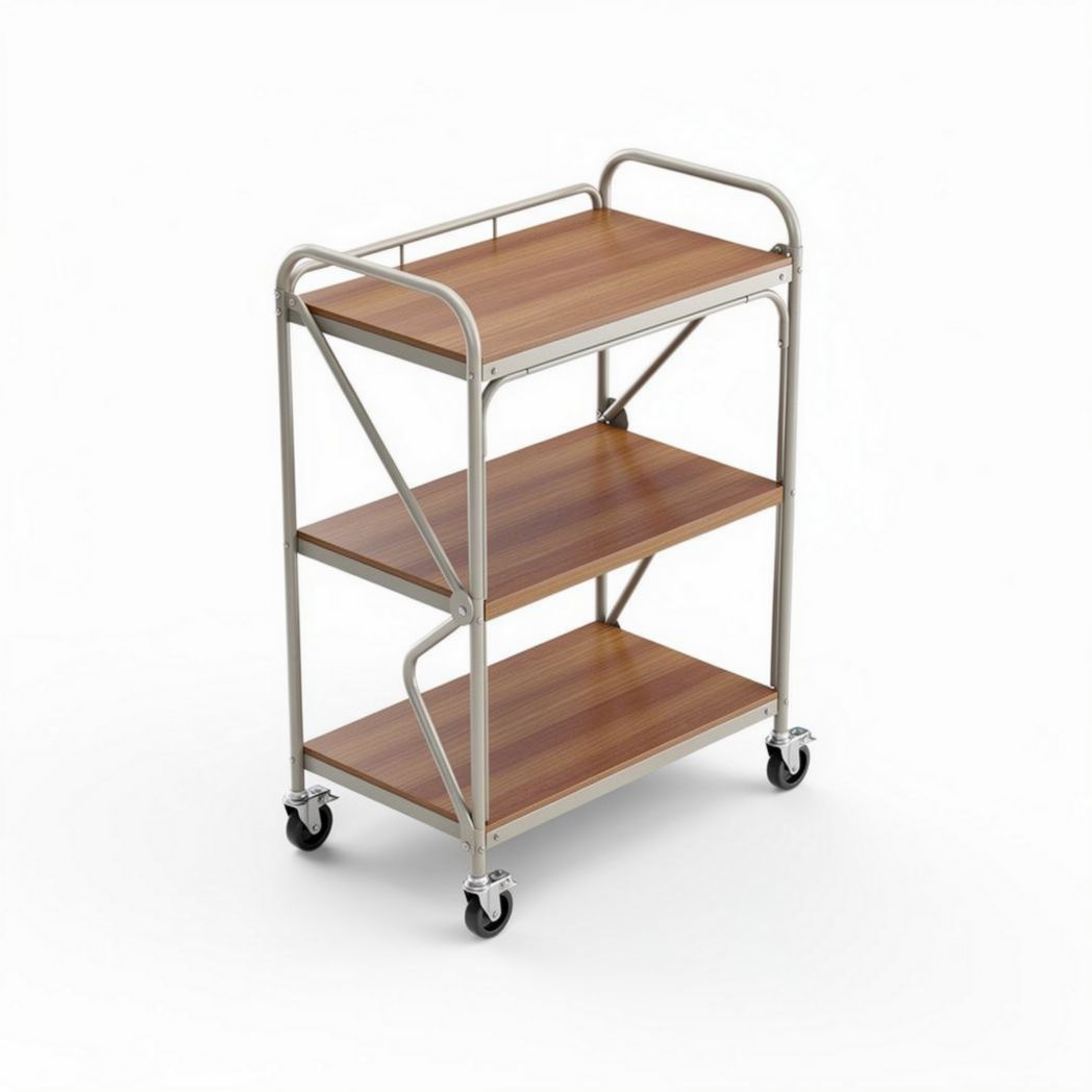 Wooden three-tier rolling cart with metal frame and wheels 81 x 46 x 86cm