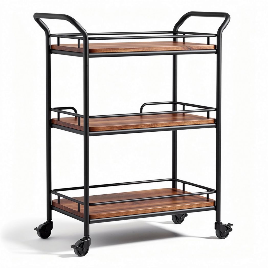 Rolling kitchen cart with metal frame and wooden shelves 80 x 45 x 90cm