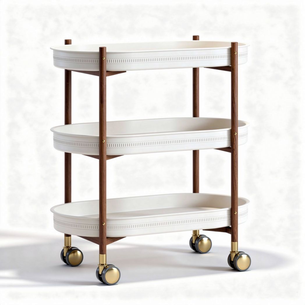 Three-tier rolling cart with white trays and wooden frame 80 x 40 x 85cm