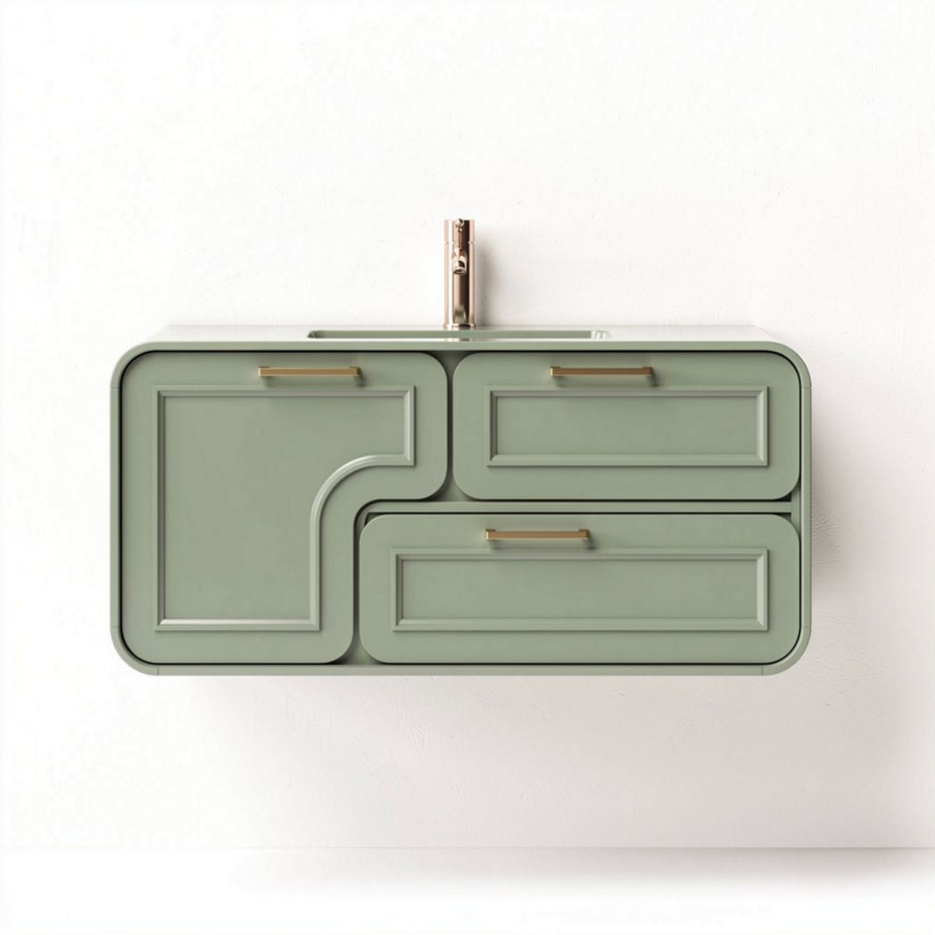Wall-mounted vanity sink unit with three storage drawers in green finish 60 x 40 x 20cm