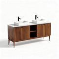 Double sink vanity cabinet with white ceramic sinks and natural wood finish 120 x 45 x 75cm
