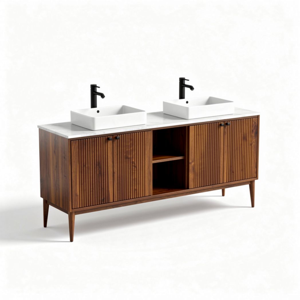 Double sink vanity cabinet with white ceramic sinks and natural wood finish 120 x 45 x 75cm