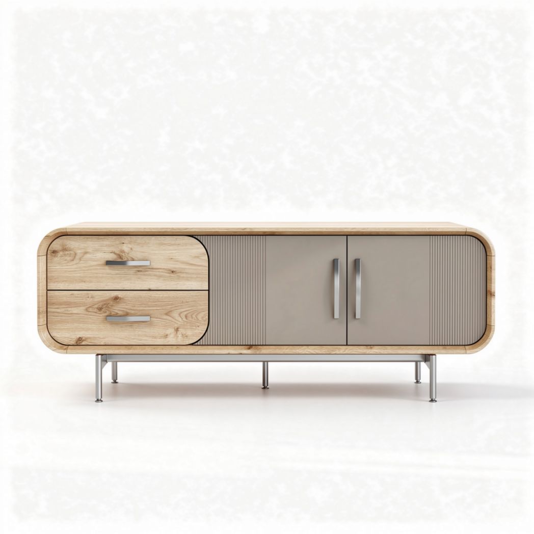 Modern wood and gray veneer TV stand with storage and metal legs 120 x 40 x 50cm