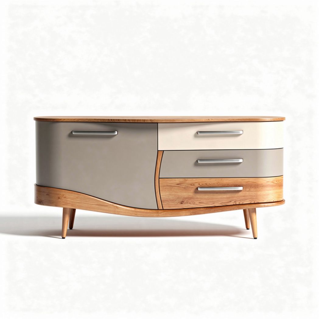 Modern curved wooden sideboard with grey and natural wood finish 120 x 50 x 70cm